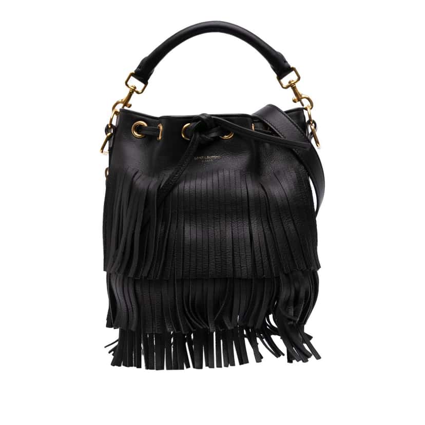 Saint Laurent Small Calfskin Emmanuelle Fringe Bucket Bag Black Leather Good condition - Front View