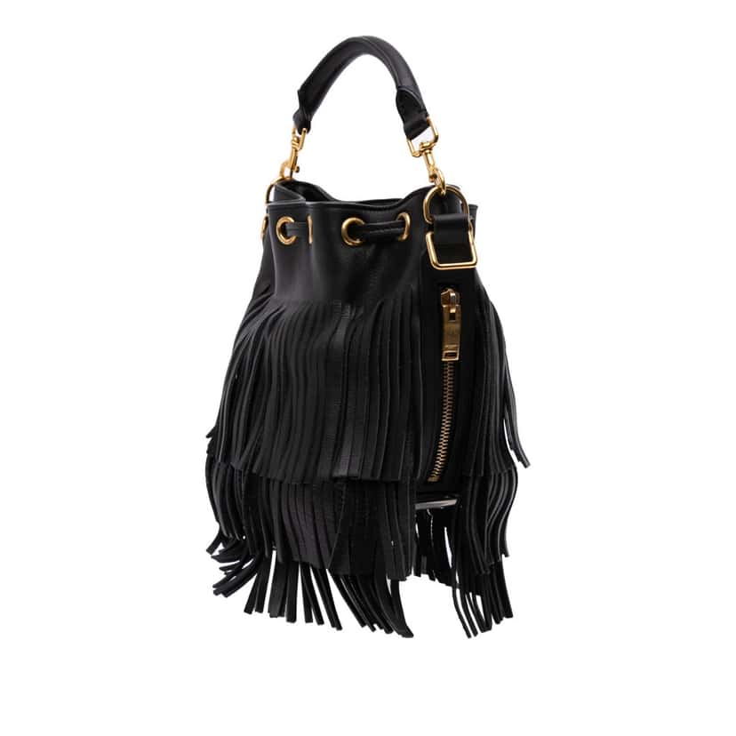 Saint Laurent Small Calfskin Emmanuelle Fringe Bucket Bag Black Leather Good condition - Back View