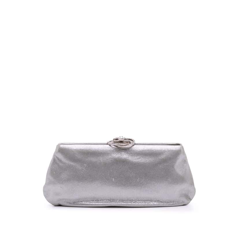 Chanel Metallic Satin Crystal Camellia Evening Frame Clutch Silver Satin Good condition - Front View