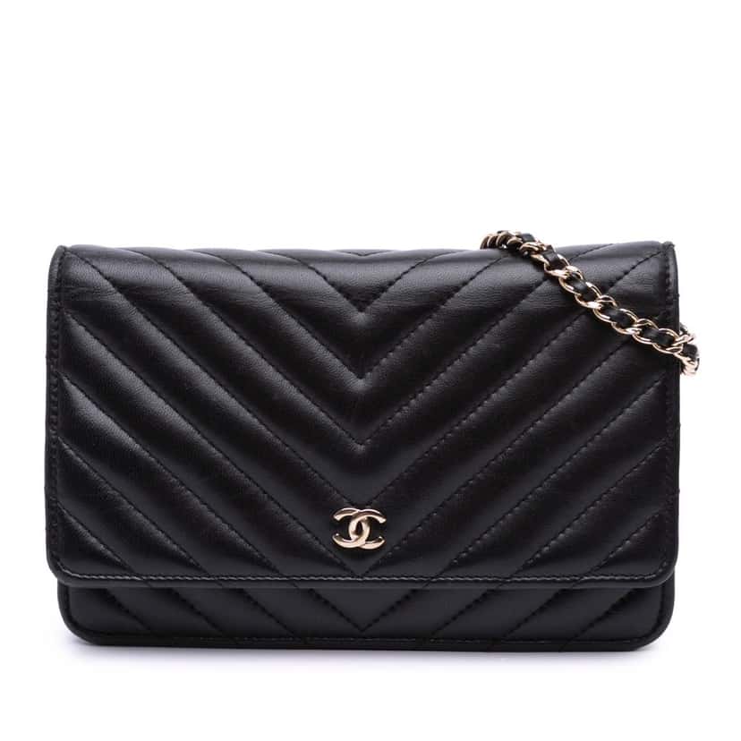 Chanel CC Chevron Lambskin Wallet On Chain Black Leather Good condition - Front View