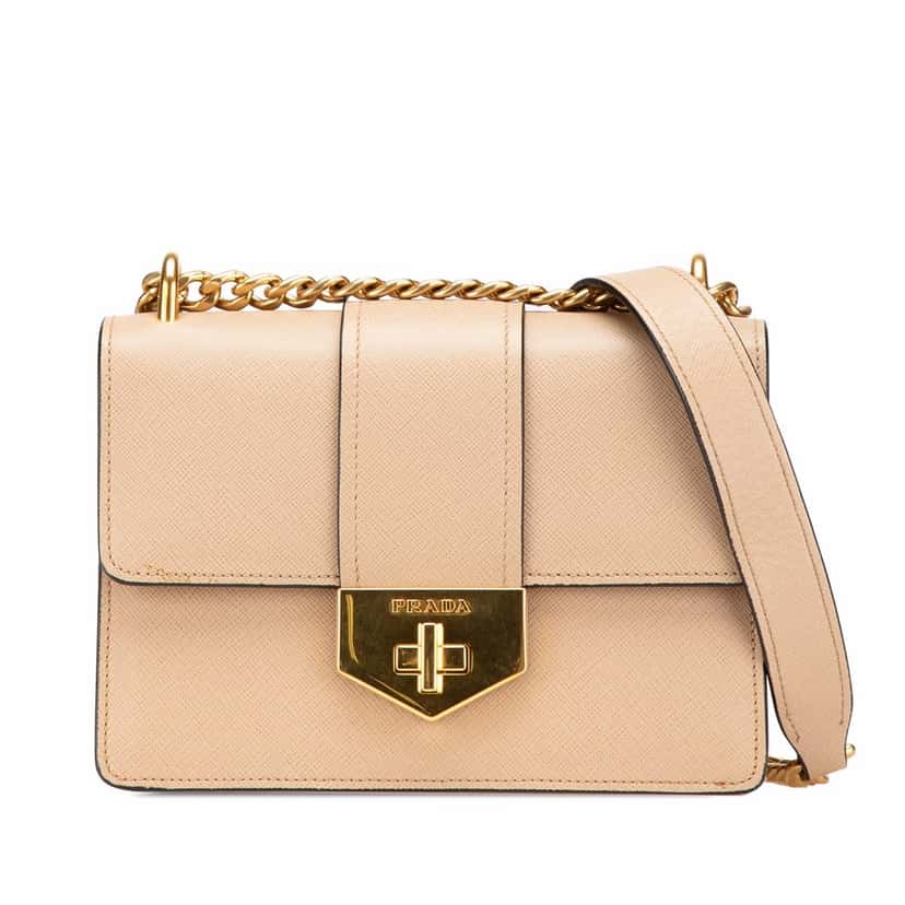 Prada Saffiano Turn Lock Crossbody Brown Leather Good condition - Front View