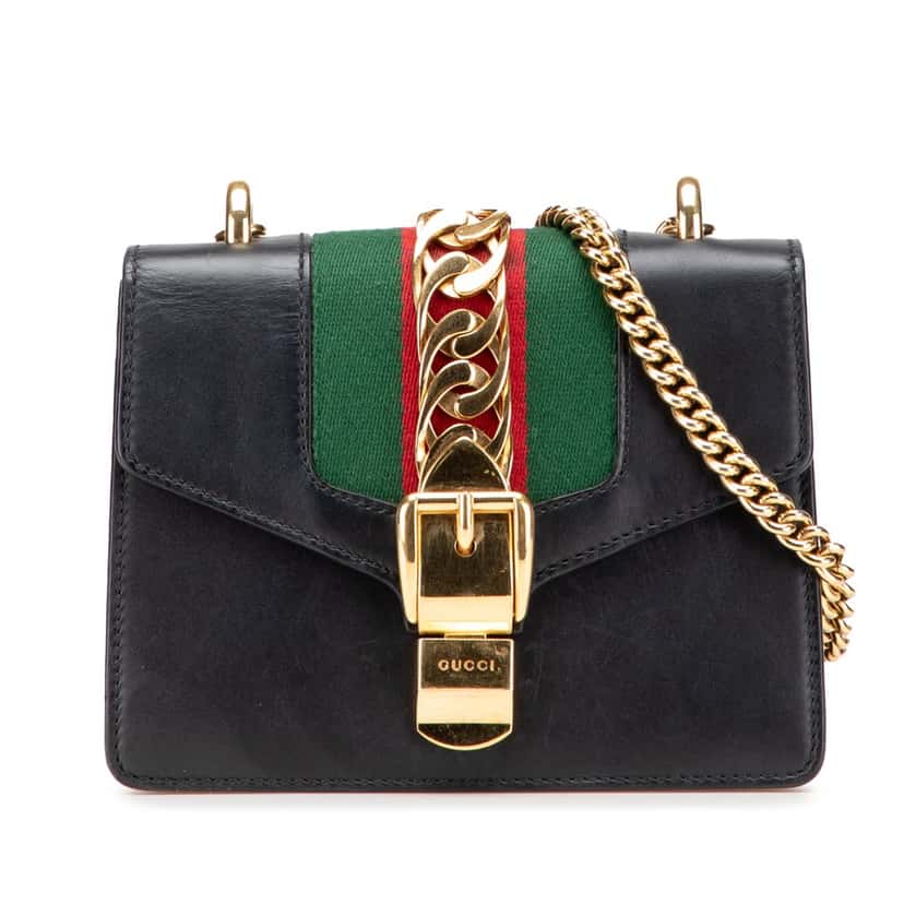 Gucci Mini Leather Web Sylvie Chain Crossbody Black Leather Good condition - Front View