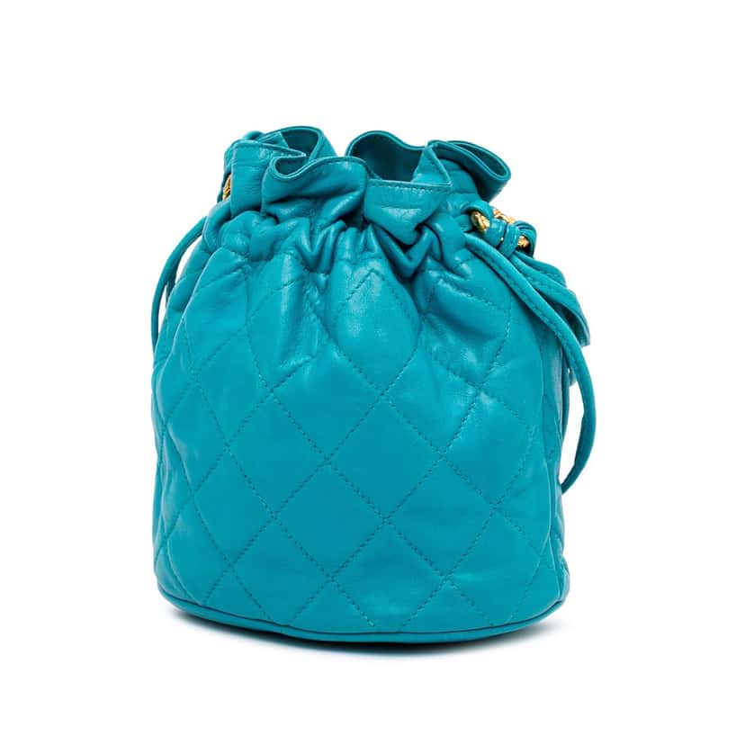 Chanel Quilted Lambskin Drawstring Tassel Bucket Bag Blue Leather Good condition - Back View