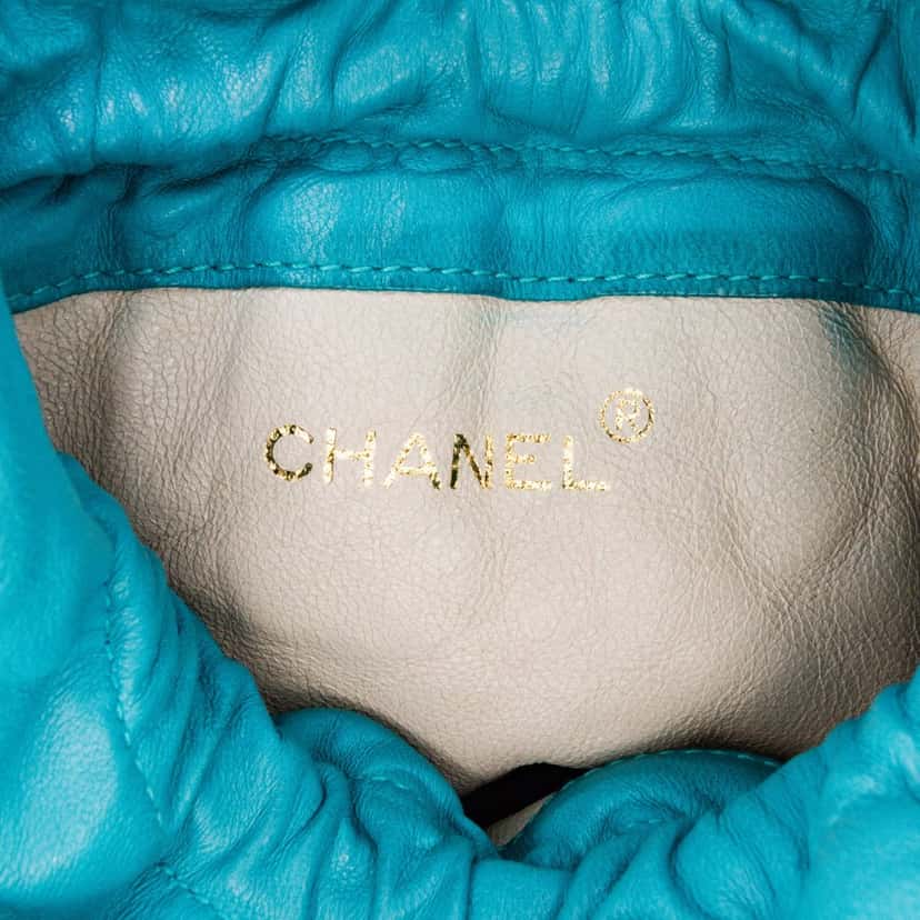 Chanel Quilted Lambskin Drawstring Tassel Bucket Bag Blue Leather Good condition - Box View