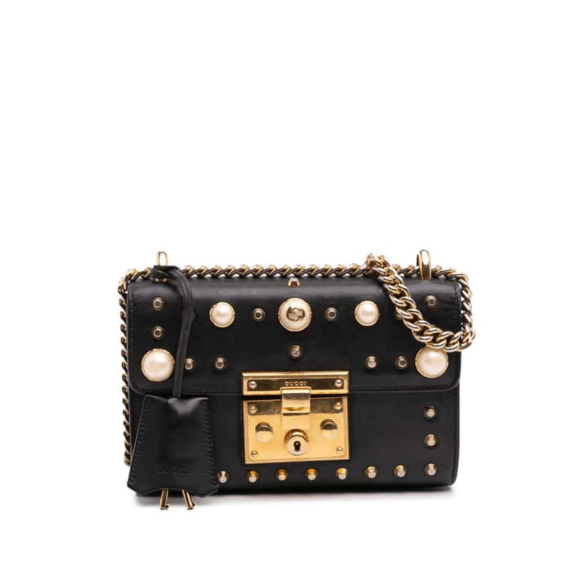 Gucci Small Pearl Studded Leather Padlock Crossbody Black Leather Good condition - Front View