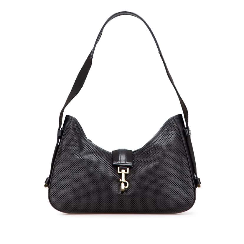 Gucci Perforated Calfskin Jackie Shoulder Bag Black Leather Good condition - Front View