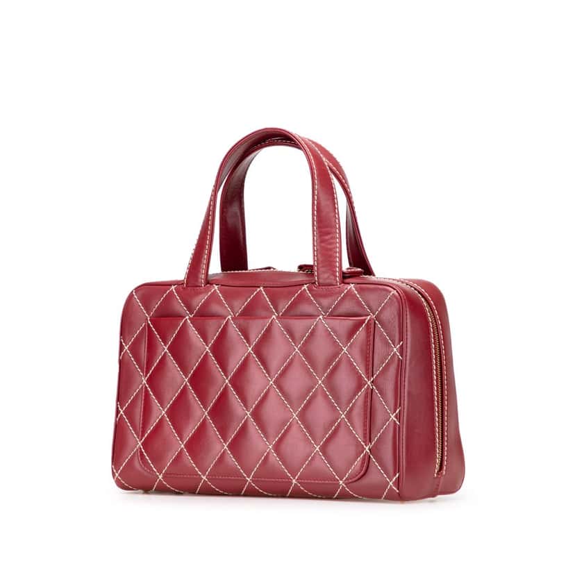 Chanel CC Lambskin Wild Stitch Handbag Red Leather Good condition - Back View