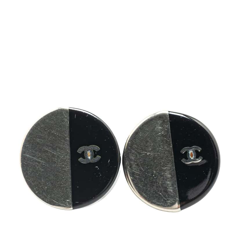 Chanel Silver and Resin CC Button Push Back Earrings Silver Brass Good condition - Front View
