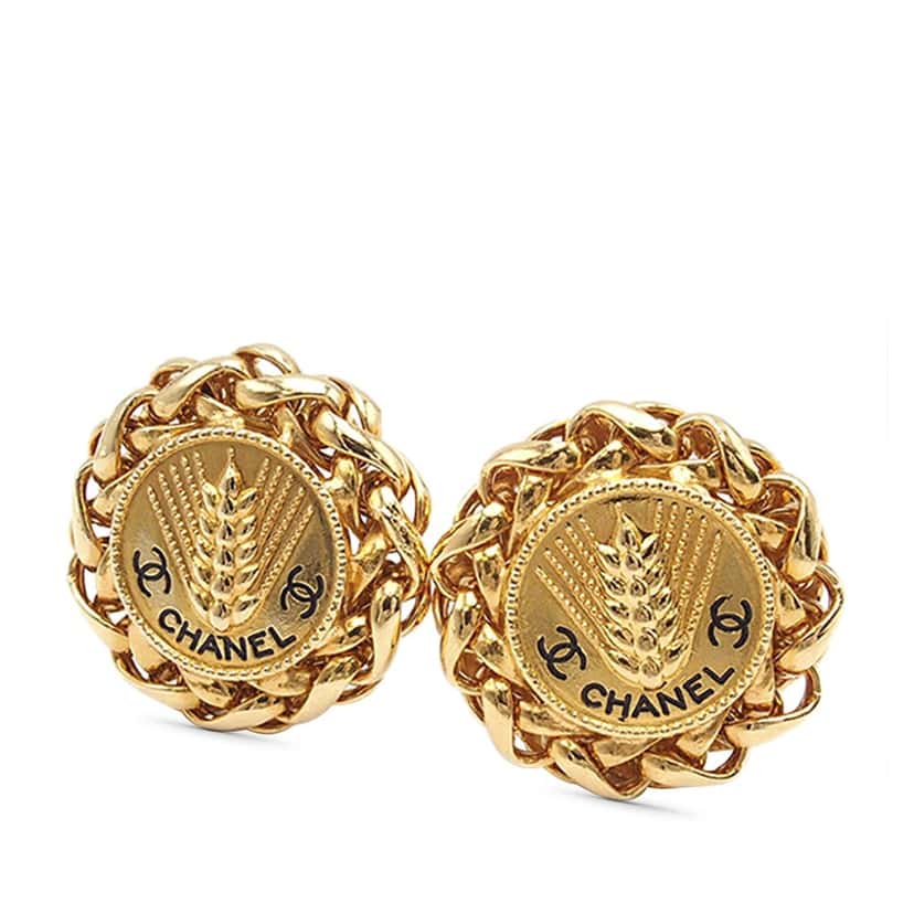 Chanel Gold Plated CC Wheat Medallion Clip On Earrings Gold Metal Good condition - Front View