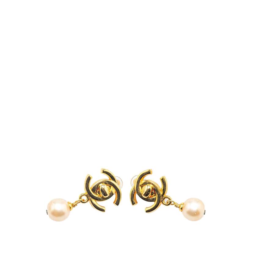 Chanel Gold Plated CC Turnlock Faux Pearl Drop Clip on Earrings Gold Metal Good condition - Front View