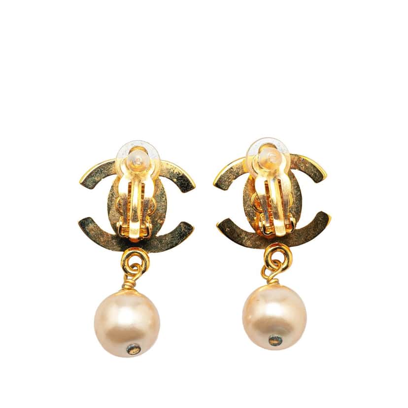 Chanel Gold Plated CC Turnlock Faux Pearl Drop Clip on Earrings Gold Metal Good condition - Back View
