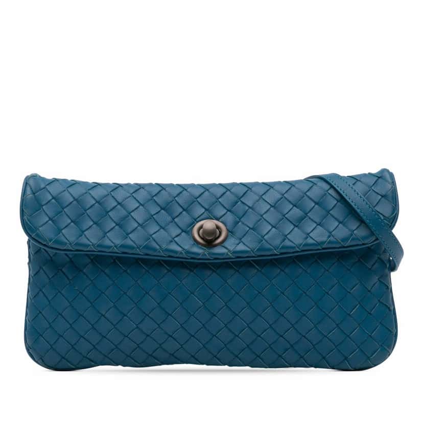 Bottega Veneta Mini Nappa Intrecciato Turn Lock Crossbody Blue Leather Good condition - Front View