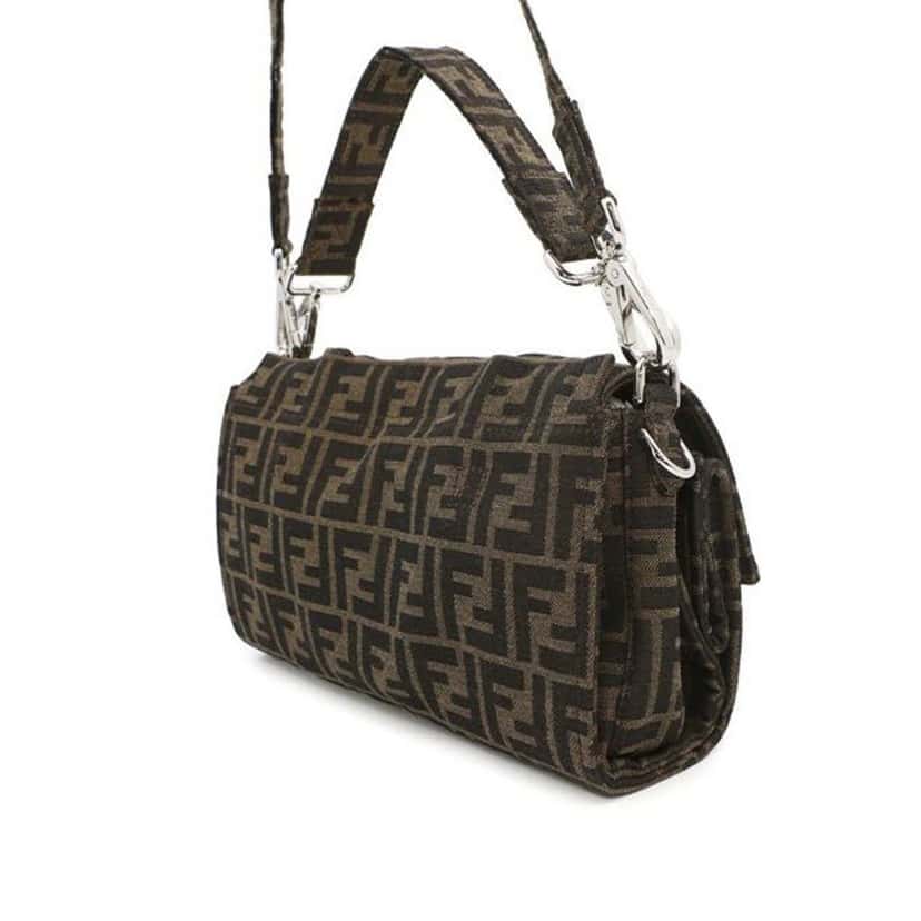 Fendi FRGMT Zucca Embroidered Canvas Foldable Baguette Satchel Brown Canvas Good condition - Model View