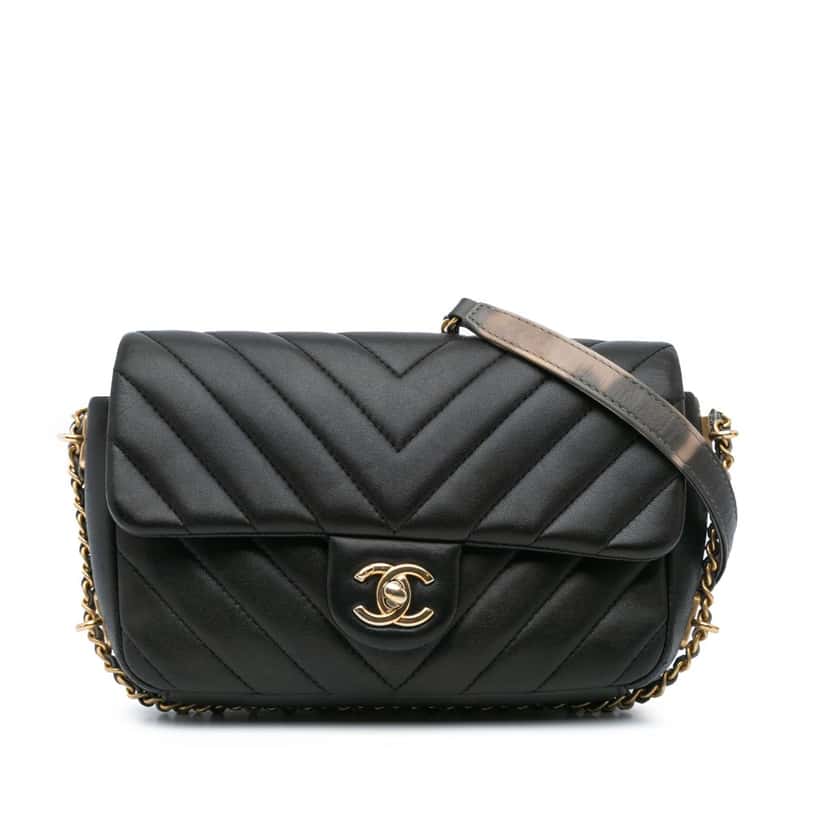 Chanel Mini Rectangular Chevron Lambskin Chain Around Flap Black Leather Very good condition - Front View