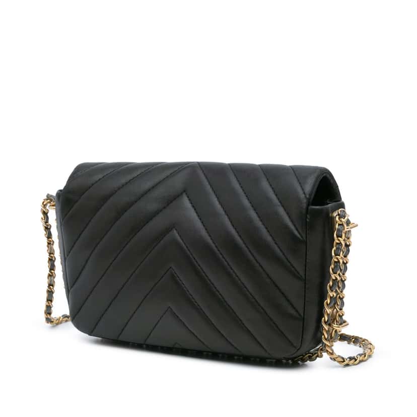 Chanel Mini Rectangular Chevron Lambskin Chain Around Flap Black Leather Very good condition - Back View