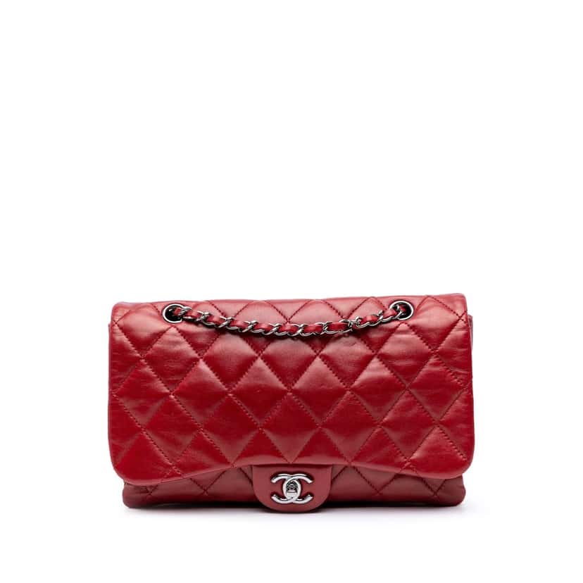 Chanel Quilted Lambskin 3 Accordion Flap Red Leather Good condition - Front View