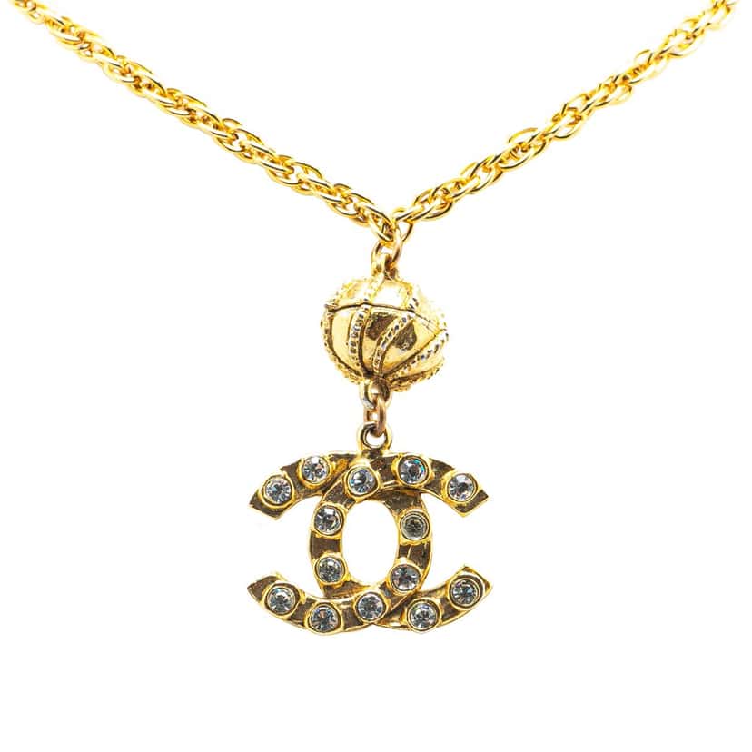 Chanel Gold Plated CC Pendant Rhinestones Necklace Gold Metal Good condition - Front View