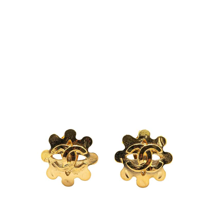 Chanel Gold Plated CC Flower Clip On Earrings Gold Metal Good condition - Front View