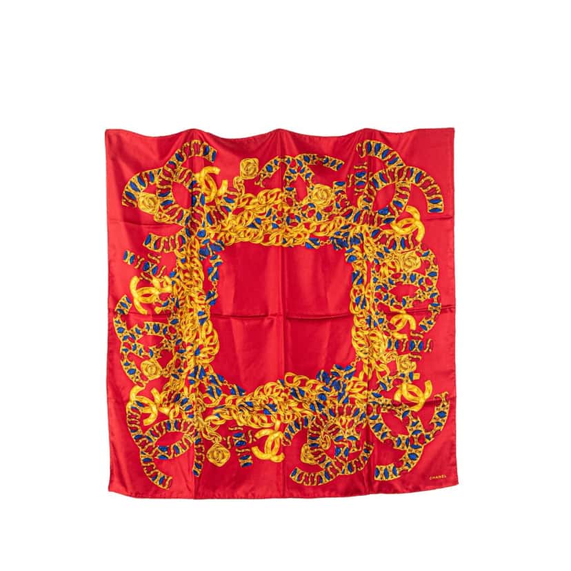 Chanel CC Jewel and Chain Print Silk Scarf Red Silk Good condition - Front View