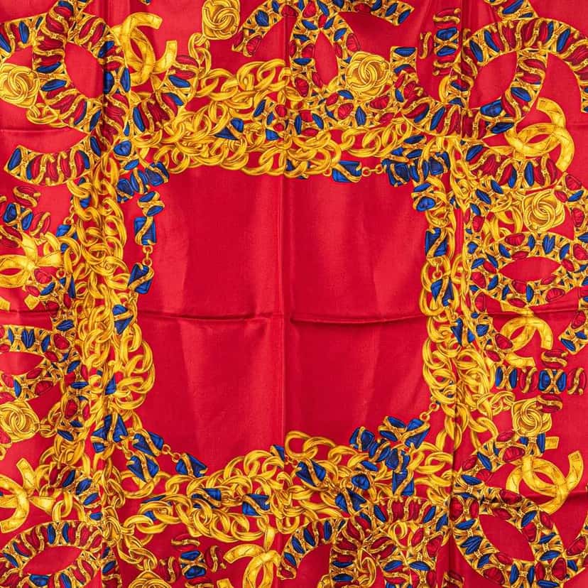 Chanel CC Jewel and Chain Print Silk Scarf Red Silk Good condition - Box View