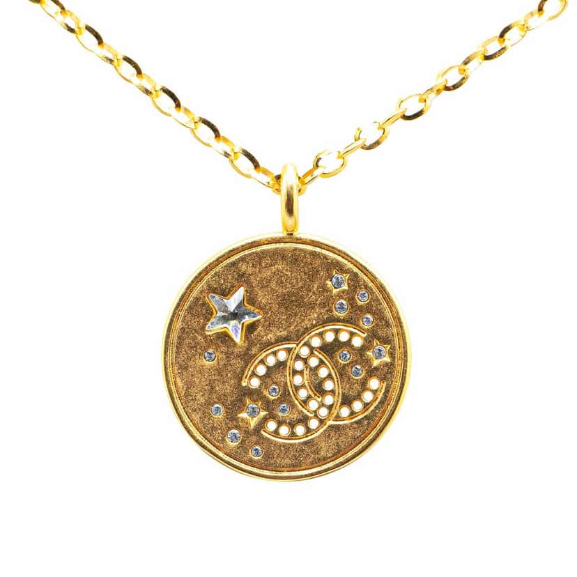 Chanel Gold Plated CC Star Rhinestone Pendant Necklace Gold Metal Good condition - Front View