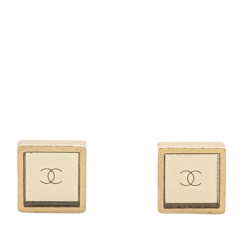 Chanel Gold Plated Square CC Mirror Push Back Earrings Gold Metal Good condition - Front View
