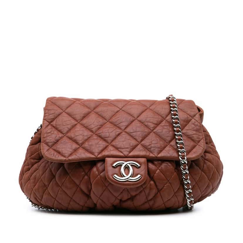 Chanel Large Quilted Lambskin Chain Around Flap Brown Leather Good condition - Front View