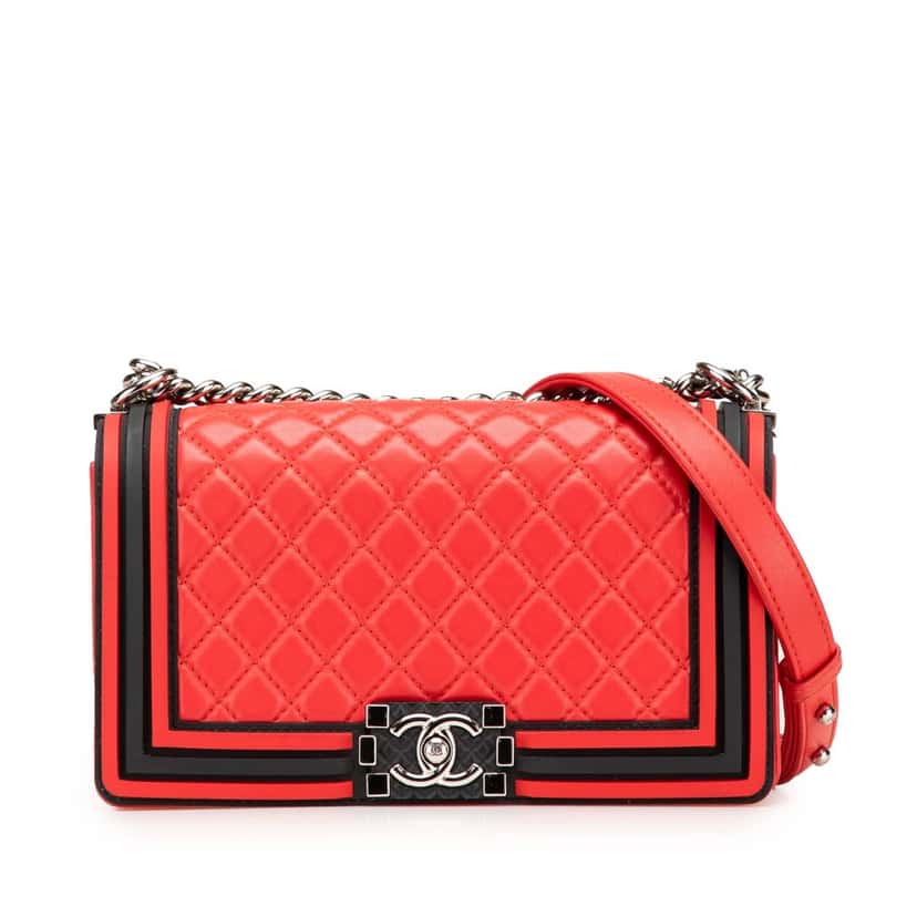 Chanel Old Medium Bicolor Quilted Lambskin and Rubber Boy Flap Red Leather Good condition - Front View