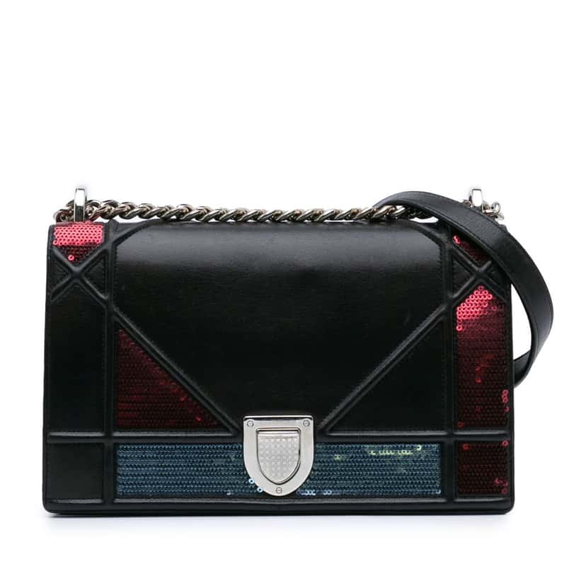 Dior Medium Lambskin Sequin Diorama Flap Black Leather Good condition - Front View