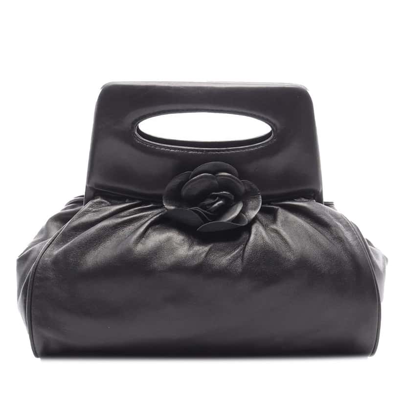 Chanel Lambskin Camellia Top Handle Frame Bag Black Leather Good condition - Front View