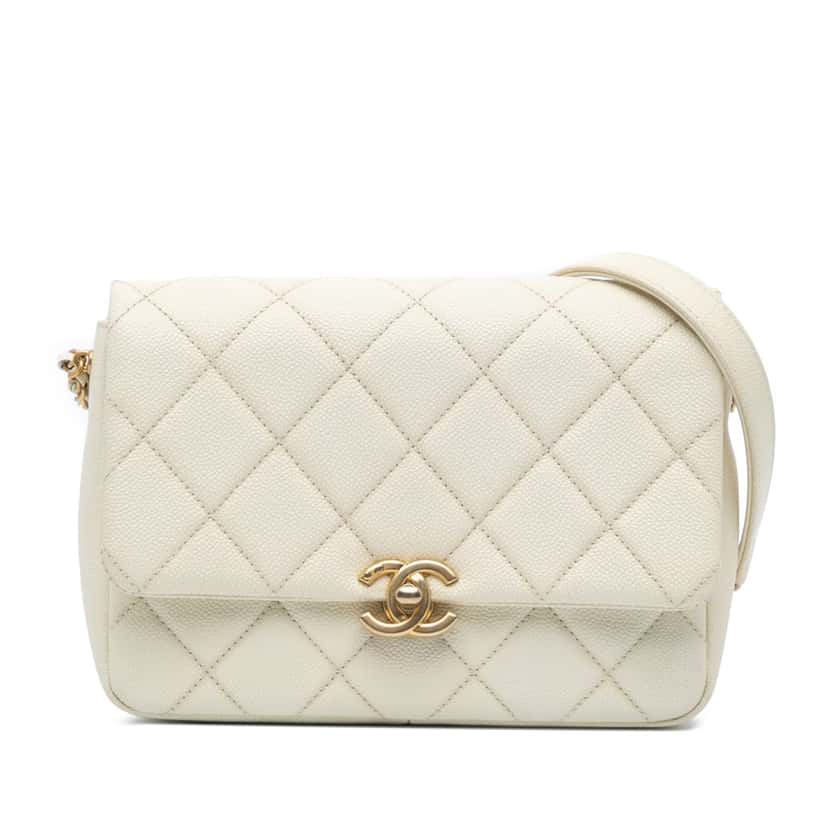 Chanel Small Quilted Caviar Chain Melody Flap White Leather Very good condition - Front View
