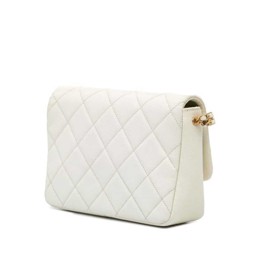 Chanel Small Quilted Caviar Chain Melody Flap White Leather Very good condition - Back View