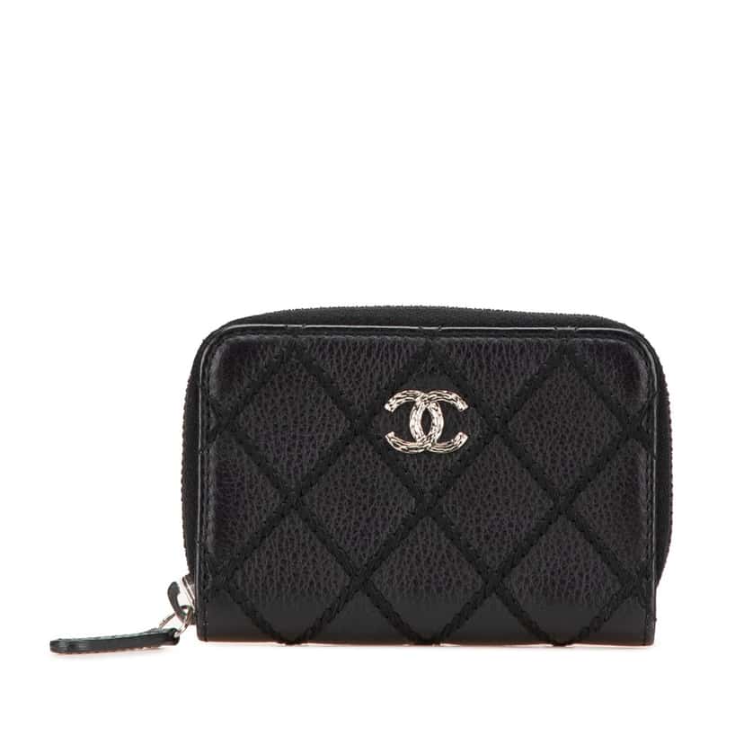 Chanel CC Quilted Calfskin Wild Stitch Zip Coin Purse Black Leather Good condition - Front View