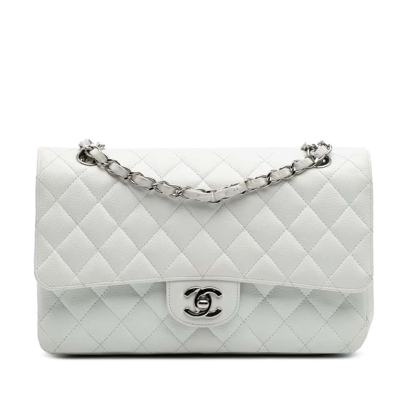 Chanel Medium Classic Caviar Double Flap White Leather Good condition - Front View