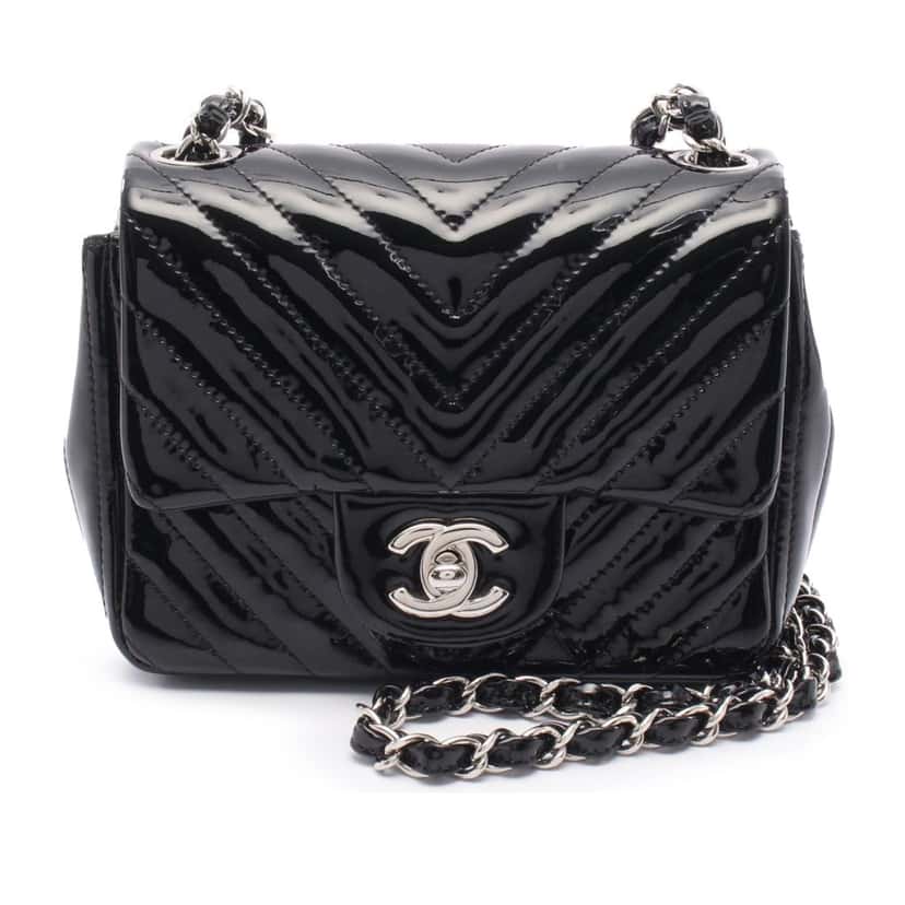 Chanel Mini Square Classic Chevron Patent Single Flap Black Leather Good condition - Front View