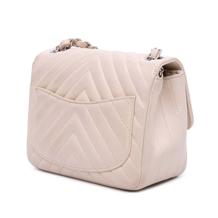 Chanel Mini Square Classic Chevron Lambskin Single Flap White Leather Good condition - Back View