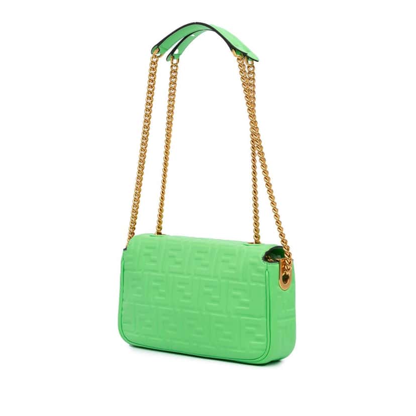 Fendi Zucca Embossed Leather Chain Midi Baguette Green Leather Very good condition - Back View