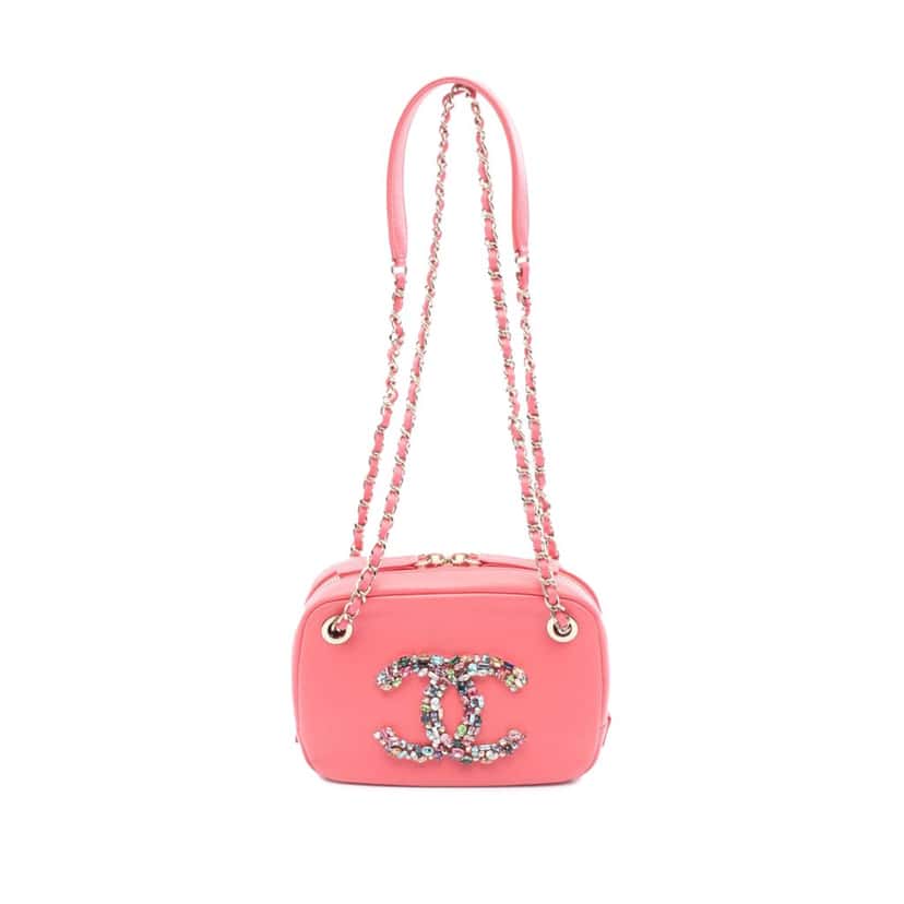 Chanel Lambskin Giant Crystal CC Camera Bag Pink Leather Good condition - Front View