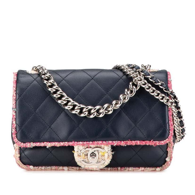 Chanel Quilted Lambskin and Tweed Elegant Trim Flap Blue Leather Very good condition - Front View