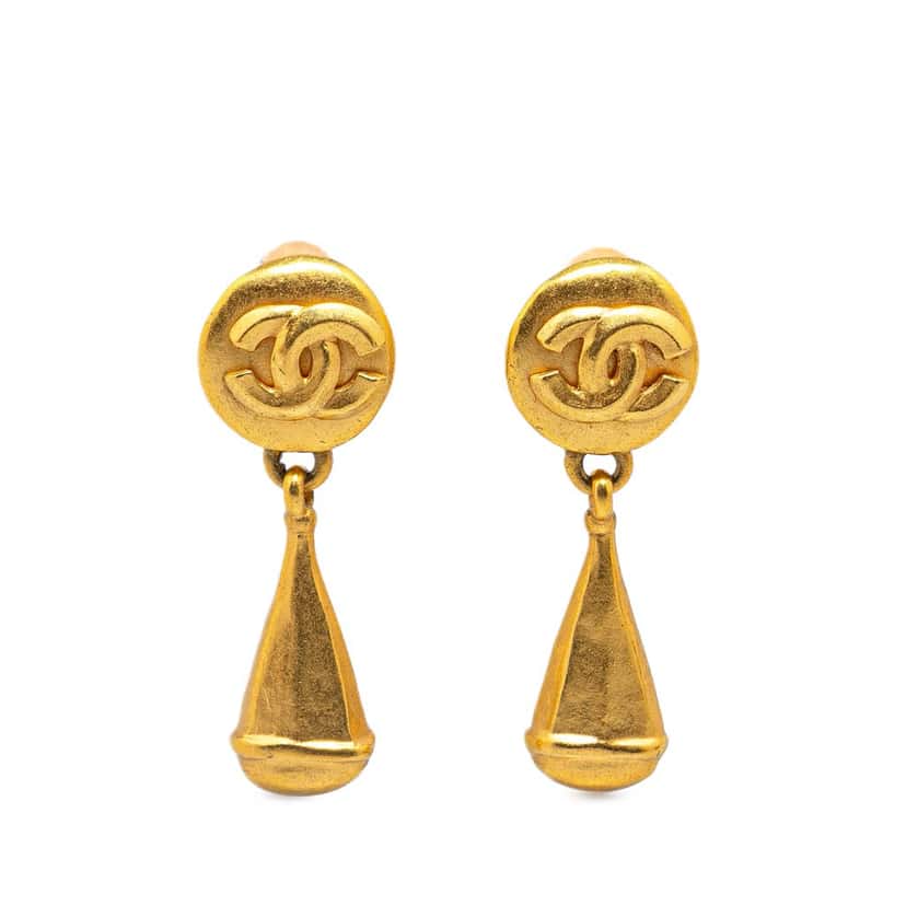 Chanel Gold Plated CC Teardrop Clip On Earrings Gold Metal Good condition - Front View
