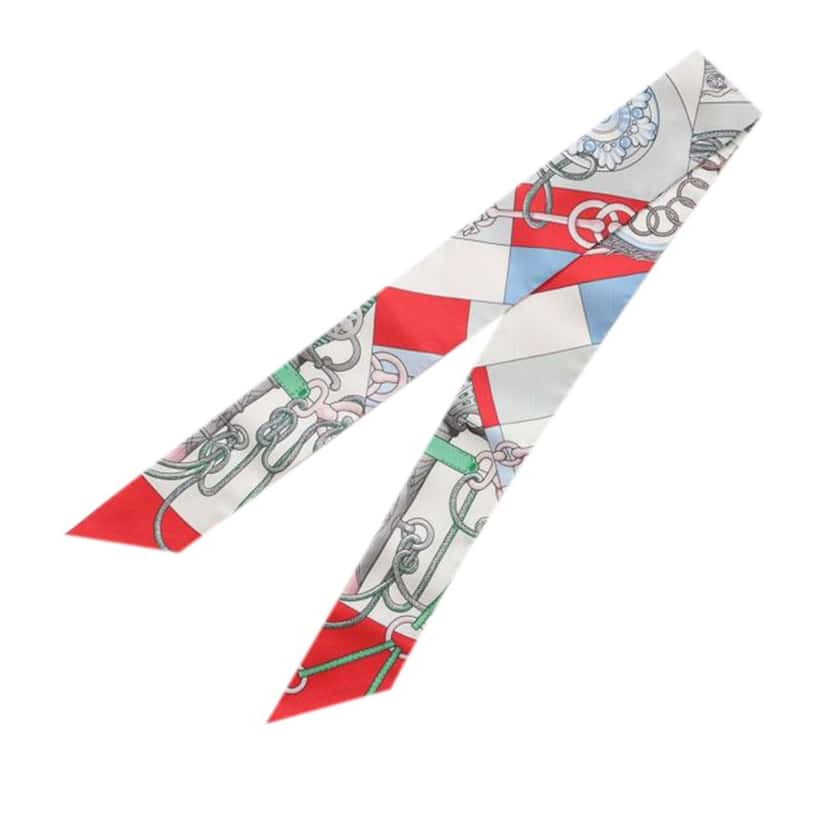 Hermès Cliquetis Silk Twilly Scarf White Silk Very good condition - Front View