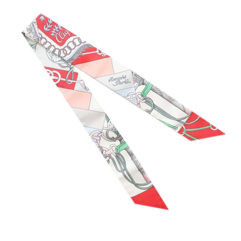 Hermès Cliquetis Silk Twilly Scarf White Silk Very good condition - Back View