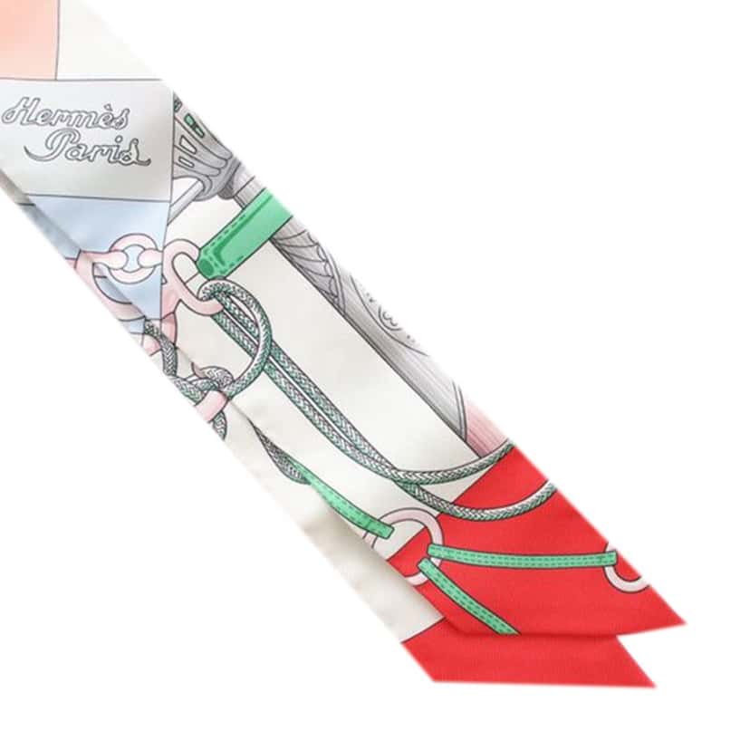 Hermès Cliquetis Silk Twilly Scarf White Silk Very good condition - Box View