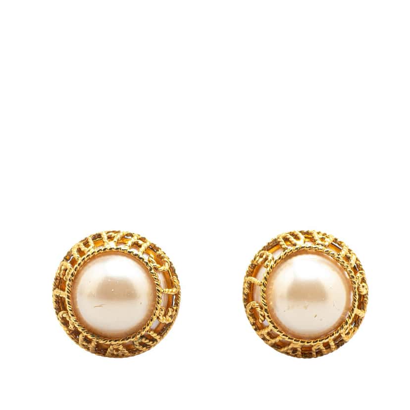 Chanel Gold Plated Faux Pearl Clip on Earrings Gold Metal Good condition - Front View