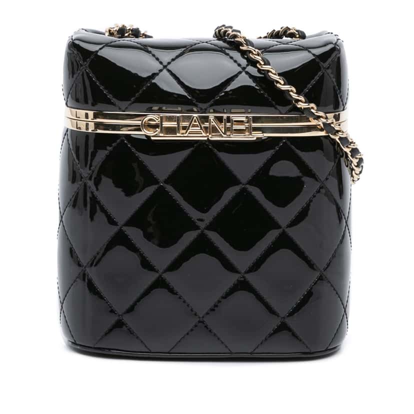 Chanel Quilted Patent Logo Chain Vanity Case Black Leather Very good condition - Front View