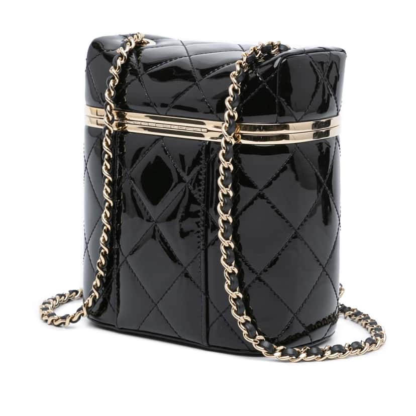 Chanel Quilted Patent Logo Chain Vanity Case Black Leather Very good condition - Back View