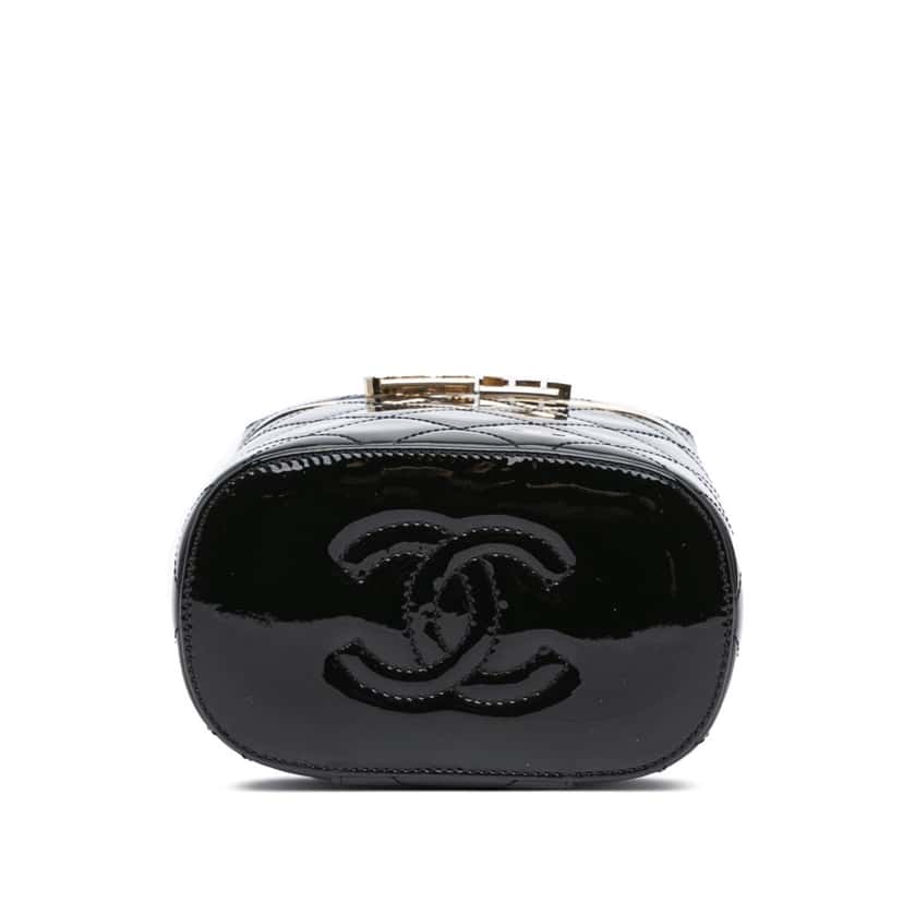 Chanel Quilted Patent Logo Chain Vanity Case Black Leather Very good condition - Inside View