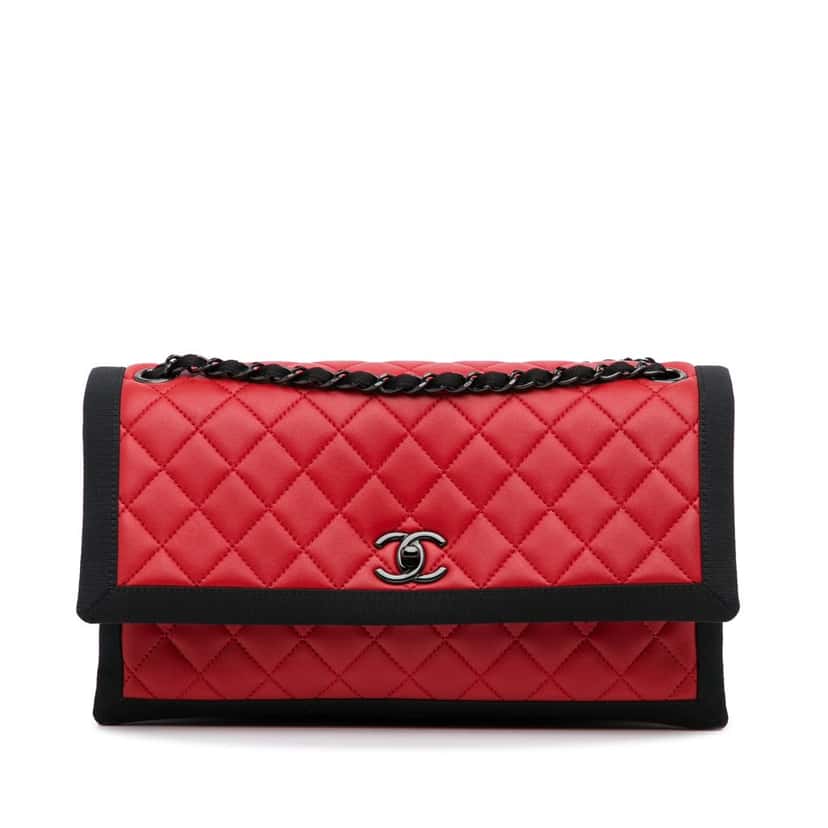 Chanel Medium Quilted Lambskin Grosgrain Two Tone Flap Red Leather Good condition - Front View