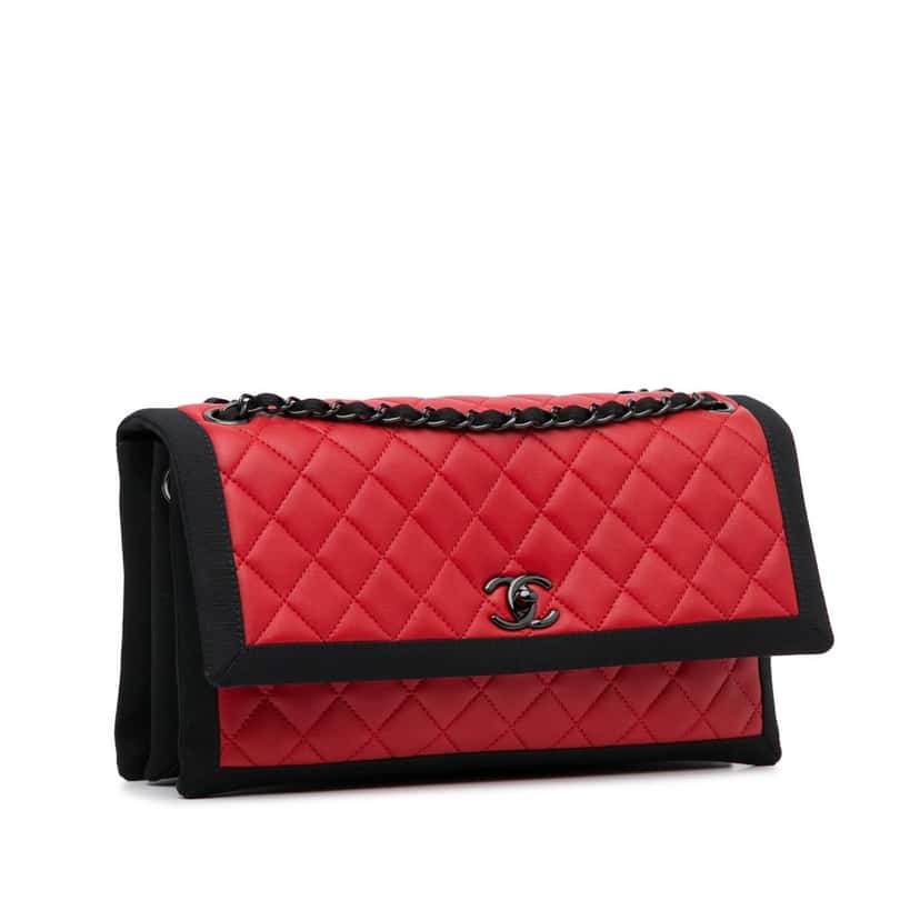 Chanel Medium Quilted Lambskin Grosgrain Two Tone Flap Red Leather Good condition - Back View