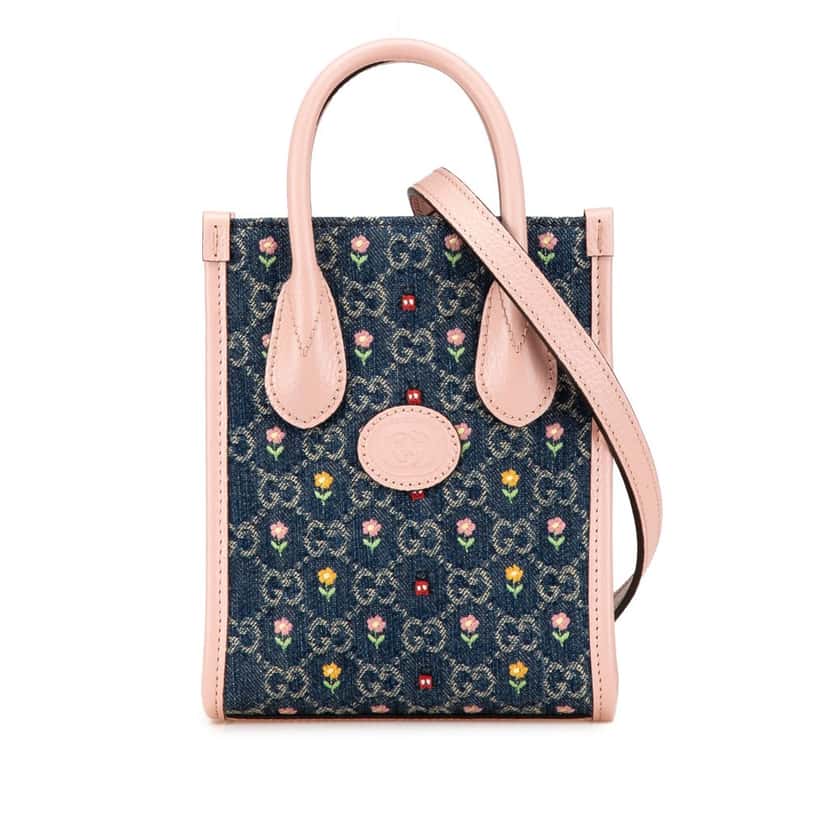 Gucci Mini GG Denim Interlocking G Flowers Tote Blue Denim Good condition - Front View